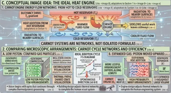 A two-panel educational infographic titled 'C. CONCEPTUAL IMAGE IDEA: THE IDEAL HEAT ENGINE'. The top panel visualizes 'CARNOT ENGINE ENERGY FLOW NETWORKS: FROM HOT TO COLD RESERVOIRS'. It features three prominent stacked reservoirs. A 'HOT RESERVOIR (TH)' emits a red-orange flow and radiation toward a central 'CARNOT ENGINE', with callouts including 'BUOYANCY DRIVE', 'HEAT ADDITION', and 'RADIATION'. A thick arrow labeled 'QH' points from the hot reservoir into the engine. A second arrow labeled 'Wnet' leaves the engine sideways, with text 'SIDELOWS useful work leaves sideways'. A third arrow labeled 'QC' points from the engine to a 'COLD RESERVOIR (TC)' at the bottom, which has swirling blue arrows and callouts including 'COOLER FLUID FLOW'. A large central banner reads: 'CARNOT SYSTEMS ARE NETWORKS, NOT ISOLATED FORMULAS'. The lower panel visualizes 'COMPARING MICROSCOPIC ARRANGEMENTS: CARNOT CYCLE NETWORKS AND EFFICIENCY'. On the left, 'A. LOW PISTON: CONFINED GAS PARTICLES' shows a magnified box for 'ISENTROPIC COMPRESSION' where gas particles with co-directional green flow arrows are confined to a small volume, labeled 'LOW PISTON POSITION: FEW ARRANGEMENTS' and 'COMPRESSION DRIVE: Low probability'. Data callouts include: 'BELL-STATE CHECK', 'ENTANGLEMENT VISUALIZATION', and 'THERMAL PATHS SHARED STATE VISUALIZATION'. Integrated kets like |k⟩ are present. On the right, 'B. EXPANDED GAS: PISTON MOVED UPWARD' shows a magnified view of the second box with the expanded gas spread throughout a larger volume for 'ISOTHERMAL HEAT ADDITION' and 'ISENTROPIC EXPANSION', labeled 'HIGH PROBABILITY: MANY ARRANGEMENTS' and 'GAS EXPANDED THROUGHOUT LARGE VOLUME'. Blue and red wave arrows indicate energy transfer. Data callouts track useful work and waste heat. Below all elements, bullet points summarize process and visual system adjustments. Icons of a camera and a telescope are present. All text is prominent, corrected, and flows clearly. integrated kets like |k⟩ and citation brackets are retained.