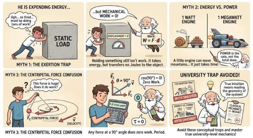 An educational physics comic strip debunking the exertion trap, power vs energy mixups, and centripetal vector neutrality rules.