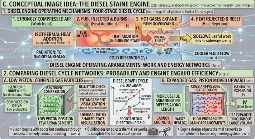 Conceptual visualization of the four-stage Diesel cycle, connecting operating mechanisms and microscopic states.