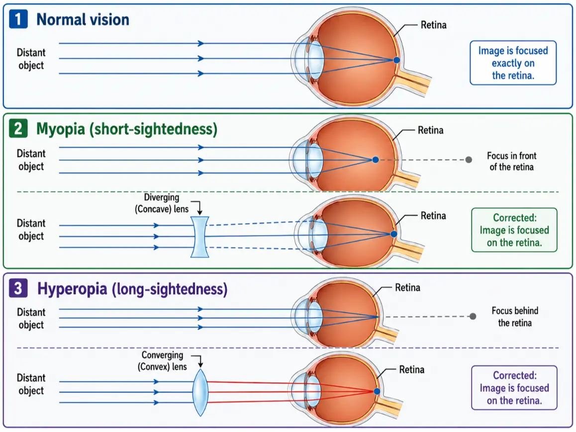 Three-panel ray diagram comparing normal vision, myopia, and hyperopia, showing how diverging and converging lenses redirect light so the image focuses on the retina.