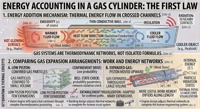A two-panel scientific educational infographic illustration titled 'ENERGY ACCOUNTING IN A GAS CYLINDER: THE FIRST LAW'. The top panel, '1. ENERGY ADDITION MECHANISM: THERMAL ENERGY FLOW IN CROSSED CHANNELS', shows a magnified view of a cylinder bottom. Multiple swirling red and orange arrows, labeled 'WARMER FLUID FLOW', approach from the left, representing heat entry. Swirling blue arrows, labeled 'COOLER FLUID FLOW', are in a separate crossed channel. Countless small, curved blue and red wave arrows travel through a 'THIN CONDUCTIVE WALL' into the cylinder base, labeled 'HEAT FLOW DIRECTION (Radiation/Conduction)'. Callouts include: 'EMISSIVITY (&varepsilon;) of source', 'INSULATION', and 'RADIATION: TO NEARBY SURFACES'. Integrated kets like |k&rang; and citation brackets are present. A prominent red arrow labeled 'Q (Heat Added)' enters the gas. A large central title links the layers: 'GAS SYSTEMS ARE THERMODYNAMIC NETWORKS, NOT ISOLATED FORMULAS'. The lower panel, '2. COMPARING GAS EXPANSION ARRANGEMENTS: WORK AND ENERGY NETWORKS', features a gas cylinder with a movable piston. It is split vertically into two views of gas expansion. On the left, 'A. LOW PISTON: CONFINED GAS PARTICLES' shows a cylinder with the piston near the base. All moving gas particles with small, co-directional green flow arrows are confined to a small volume, labeled 'GAS PARTICLES CONFINED TO SMALL VOLUME' and 'LOW PISTON POSITION: FEW EXPANSIONS'. Data callouts include: 'CONFINEMENT DRIVE: Low probability', 'BELL-STATE CHECK: probability parameters, network violation check', 'ENTANGLEMENT VISUALIZATION : adapted for confined paths', and 'THERMAL PATHS SHARED STATE VISUALIZATION'. On the right, 'B. EXPANDED GAS: PISTON MOVED UPWARD' shows a second view with the piston pushed significantly upward, with large green 'W (Work Done)' arrows. The expanded gas with many moving particles is spread throughout a larger volume, labeled 'GAS EXPANDED THROUGHOUT LARGE VOLUME' and 'PISTON MOVED UPWARD: MANY EXPANSIONS'. Blue and red wave arrows show the efficient energy transfer and widespread possibilities. A prominent label states: 'MORE USEFUL WORK ARRANGEMENT DIFFERS ALONG LENGTH'. Inside the gas, callouts point to 'INTERNAL ENERGY (U)' and 'PARTICLE VIBRATION STATES' (vibrational arcs and state kets |&psi;&rang;, |&phi;&rang;). Quantum concepts callouts are repeated. Below all elements, bullet points state: 'Vision begins with optics but continues through complex thermodynamics processing' and 'Engine design adjusts thermal networks to complete the human engineering system'. Small icons of a camera and a telescope are present.