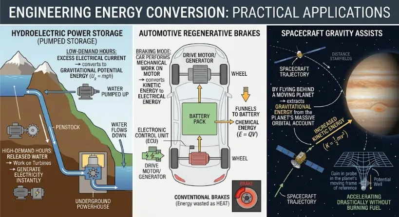 A three-panel technical engineering infographic mapping practical energy conversion methods in hydroelectric storage, regenerative brakes, and gravitational planet slingshots.