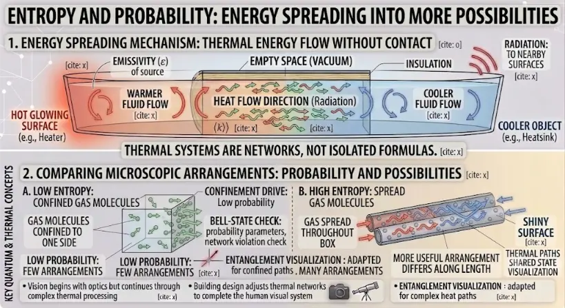 A complex, two-panel conceptual infographic titled 'ENTROPY AND PROBABILITY: ENERGY SPREADING INTO MORE POSSIBILITIES'. The top panel, '1. ENERGY SPREADING MECHANISM: THERMAL ENERGY FLOW WITHOUT CONTACT', adapts a diagram of image_51.png, showing a detailed 'HOT GLOWING SURFACE (e.g., Heater)' emitting a red-orange glow with internal swirling arrows, approaching a 'COOLER OBJECT (e.g., Heatsink)' with blue swirling arrows. The empty space is labeled 'EMPTY SPACE (VACUUM)' and shows countless small, curved red and blue wave arrows, illustrating 'HEAT FLOW DIRECTION (Radiation)' through countless possible paths, connecting energy spreading into more particles and arrangements. Callouts include 'EMISSIVITY (&varepsilon;) of source', 'INSULATION', and 'RADIATION: TO NEARBY SURFACES'. integrated kets |k&rang; and citation brackets are integrated. A central horizontal title banner connects the layers: 'THERMAL SYSTEMS ARE NETWORKS, NOT ISOLATED FORMULAS'. The lower panel, '2. COMPARING MICROSCOPIC ARRANGEMENTS: PROBABILITY AND POSSIBILITIES', is split vertically to show two distinct sub-diagrams of microscopic arrangements. Section 'A. LOW ENTROPY: CONFINED GAS MOLECULES', on the left, shows a magnified view of a gas box where all molecules with small, co-directional green flow arrows are confined to one side, labeled 'GAS MOLECULES CONFINED TO ONE SIDE' and 'LOW PROBABILITY: FEW ARRANGEMENTS'. It includes data callouts: 'CONFINEMENT DRIVE: Low probability', 'BELL-STATE CHECK: probability parameters, network violation check', and entanglement/shared state visualizations adapted for confined paths. Section 'B. HIGH ENTROPY: SPREAD GAS MOLECULES', on the right, shows a magnified view of two parallel gas boxes where gas has spread. Gas molecules are spread throughout the whole box, labeled 'GAS SPREAD THROUGHOUT BOX' and 'HIGH PROBABILITY: MANY ARRANGEMENTS'. The second arrangement shows many more possible microscopic arrangements. Blue and red wave arrows show the efficient energy transfer and widespread possibilities. A prominent label states: 'MORE USEFUL ARRANGEMENT DIFFERS ALONG LENGTH'. Callouts repeat quantum concepts and summaries. Below all elements, bullet points state: 'Vision begins with optics but continues through complex thermal processing' and 'Building design adjusts thermal networks to complete the human visual system'. Icons of a camera and a telescope are present. All text is prominent, corrected, and flows clearly. The overall illustration has a diagrammatic quality with glowing accents and clear flow.