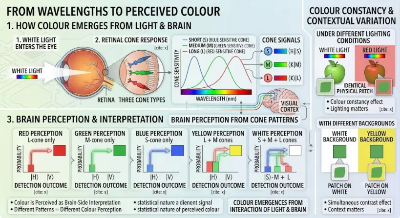 A comprehensive scientific infographic titled 'FROM WAVELENGTHS TO PERCEIVED COLOUR'. The main panel, '1. HOW COLOUR EMERGES FROM LIGHT & BRAIN', traces a beam of 'WHITE LIGHT' entering an eye to a 'RETINA' containing 'THREE CONE TYPES' (Blue, Green, Red). A central graph shows overlapping 'CONE SENSITIVITY' curves for Short (S), Medium (M), and Long (L) wavelength cones, with callouts for 'CONE SIGNALS'. Neural paths lead to a brain 'VISUAL CORTEX'. This panel links to '3. BRAIN PERCEPTION & INTERPRETATION' demonstrating perceived colour examples: RED (L-cone only), GREEN (M-cone only), BLUE (S-cone only), YELLOW (L + M cones), and WHITE (S + M + L cones). Each example includes a perceived color patch and a 'statistical nature of perceived colour' histogram plot with state ket symbols. A summary text box clarifies 'COLOUR EMERGES FROM INTERACTION OF LIGHT & BRAIN'. The side panel, 'COLOUR CONSTANCY & CONTEXTUAL VARIATION', illustrates how identical physical green patches (e.g., green apples and squares) appear different under different lighting (White vs Red Light) and against different backgrounds (White vs Yellow Background), with callouts for Colour constancy effect and Simultaneous contrast effect.