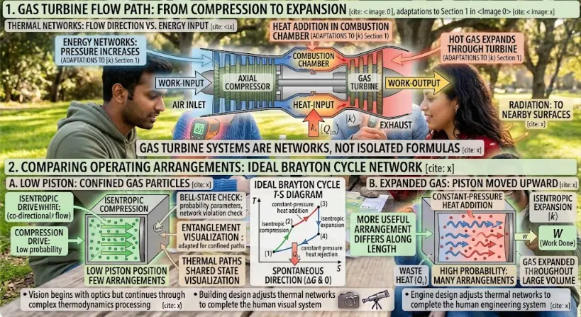 An educational physics and engineering infographic titled "GAS TURBINE DYNAMICS AND THE BRAYTON CYCLE." It is divided into two distinct horizontal halves.The top half displays a clear schematic of a gas turbine flow path running from left to right. It starts with an air inlet leading into an axial compressor, which is labeled with a bold green arrow pointing inward for "Work Input." The air then flows into a central combustion chamber, marked with a prominent red flame icon and a downward arrow labeled "Heat Input (Qin)." From the combustor, the hot gas passes through a turbine stage—labeled with a large outward-pointing yellow arrow for "Work Output"—before exiting through the exhaust duct. The bottom half shows a corresponding Temperature-Entropy (T-s) diagram mapping out the ideal Brayton Cycle. The thermodynamic cycle is plotted as a four-point loop: Process 1-to-2 is a vertical upward line labeled "Isentropic Compression," Process 2-to-3 is a curved line labeled "Constant-Pressure Heat Addition," Process 3-to-4 is a vertical downward line labeled "Isentropic Expansion," and Process 4-to-1 completes the loop, labeled "Constant-Pressure Heat Rejection."