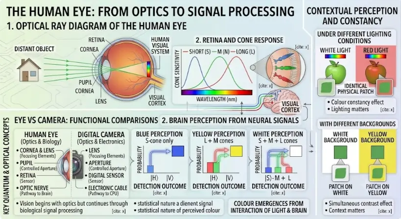 A comprehensive scientific infographic titled "THE HUMAN EYE: FROM OPTICS TO SIGNAL PROCESSING". The top left features a detailed optical ray diagram showing green light rays traveling from a distant house icon, passing through the cornea, pupil, and lens of a human eye model, and focusing into an inverted miniature image on the retina at the back. A comparative side-panel section titled "EYE VS CAMERA: FUNCTIONAL COMPARISONS" directly pairs a cross-section of the human eye with a digital camera, mapping anatomical parts to their mechanical equivalents: cornea and lens to focusing elements, pupil to aperture, retina to a digital sensor, and the optic nerve to an electronic cable. Flanking sections display charts for retinal cone wavelength sensitivity, brain signal interpretation histograms, and contextual variations of color constancy under changing lights and backgrounds.