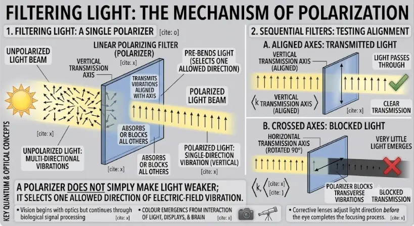 A two-panel scientific infographic titled "FILTERING LIGHT: THE MECHANISM OF POLARIZATION". The left panel, "1. FILTERING LIGHT: A SINGLE POLARIZER", shows a sun icon emitting a beam of unpolarized light filled with multi-directional arrows indicating electric-field vibrations. The beam passes through a vertical blue rectangular polarizing filter that absorbs all sideways components, transmitting a polarized beam featuring only uniform, vertical arrows. The right panel, "2. SEQUENTIAL FILTERS: TESTING ALIGNMENT", shows two cases: "A. ALIGNED AXES: TRANSMITTED LIGHT", where vertically polarized light hits a second vertical filter and passes through with a green checkmark; and "B. CROSSED AXES: BLOCKED LIGHT", where vertically polarized light hits a horizontal filter rotated 90 degrees and is blocked, resulting in a dark beam with a red cross.