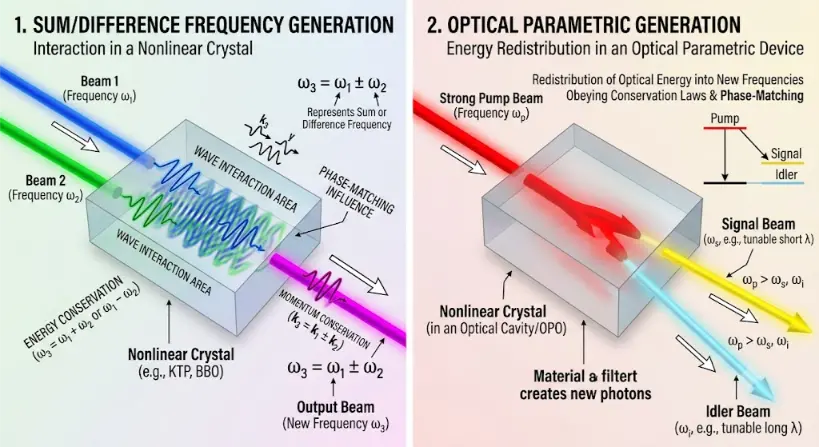 A two-panel scientific illustration demonstrating nonlinear optics. Panel 1 shows blue and green laser beams mixing inside a nonlinear crystal to generate a magenta output beam via sum or difference frequency generation. Panel 2 shows a strong red pump beam entering an optical parametric device and splitting into yellow (signal) and cyan (idler) output beams, illustrating the redistribution of optical energy obeying phase-matching and conservation laws.