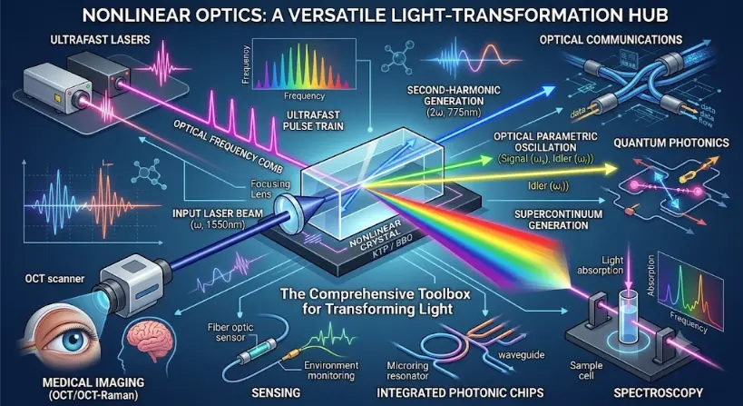 A detailed conceptual infographic illustrating nonlinear optics as a versatile light-transformation hub, showing a laser entering a nonlinear crystal to produce multiple outputs (frequency comb, doubled frequency, signal/idler, supercontinuum) which are connected to various applications like ultrafast lasers, communications, spectroscopy, and medical imaging.