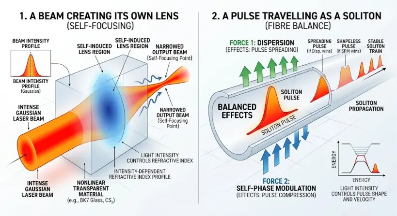 A two-panel scientific diagram illustrating nonlinear optical control. The left panel shows "1. A BEAM CREATING ITS OWN LENS (SELF-FOCUSING)," depicting an intense red Gaussian laser beam focusing itself through a transparent nonlinear crystal where its high intensity has created a gradient refractive index lens. The right panel shows "2. A PULSE TRAVELLING AS A SOLITON (FIBRE BALANCE)," visualizing a specific orange optical pulse maintaining its shape over a long distance in an optical fibre, with diagrams showing a perfect balance between the spreading effect of Dispersion (green arrows) and the compressing effect of Self-Phase Modulation (blue arrows).