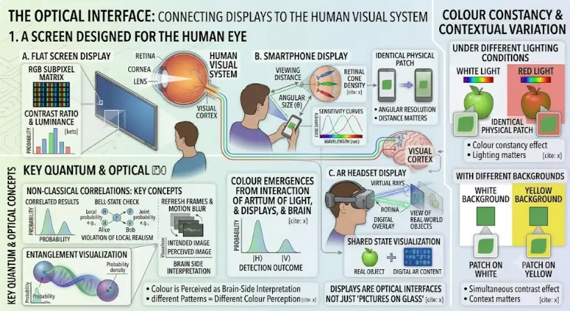 A multi-panel conceptual infographic titled 'THE OPTICAL INTERFACE: CONNECTING DISPLAYS TO THE HUMAN VISUAL SYSTEM'. The main central section, '1. A SCREEN DESIGNED FOR THE HUMAN EYE', shows a human eye looking at three display types: A. FLAT SCREEN DISPLAY (with RGB subpixels, contrast plots, refresh frames, and brain side interpretation), B. SMARTPHONE DISPLAY (showing viewing distance and angular size linked to retinal cone density), and C. AR HEADSET DISPLAY (showing virtual rays entering the eye to form a digital overlay combined with a transparent view of real-world objects and a shared state visualization). Central callout boxes list 'COLOUR EMERGENCES FROM INTERACTION OF LIGHT, ARTTUM OF LIGHT, & DISPLAYS, & BRAIN' with probability histograms over detection outcomes, and note 'DISPLAYS ARE OPTICAL INTERFACES NOT JUST 'PICTURES ON GLASS''. Neural paths connect all displays and a brain 'VISUAL CORTEX'. Side panels integrate 'COLOUR CONSTANCY & CONTEXTUAL VARIATION' and 'KEY QUANTUM & OPTICAL CONCEPTS' with non-classical correlations, Bell-state checks, and entanglement visualizations.