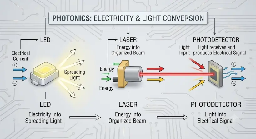 A three-panel infographic on a clean, dark blue circuit-board background showing the transformation between electricity and light. The left panel shows "ELECTRICAL CURRENT" flowing into an LED, which emits a wide, spreading cone of blue light. The center panel shows electrical energy entering a laser module, creating a highly focused, narrow, and organized red beam. The right panel shows the red laser beam hitting a photodetector, which converts the light back into an "ELECTRICAL SIGNAL" represented by an outgoing current pulse.