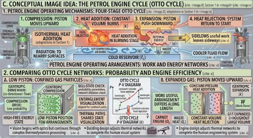 Detailed conceptual infographic of the four-stroke petrol engine (Otto Cycle).