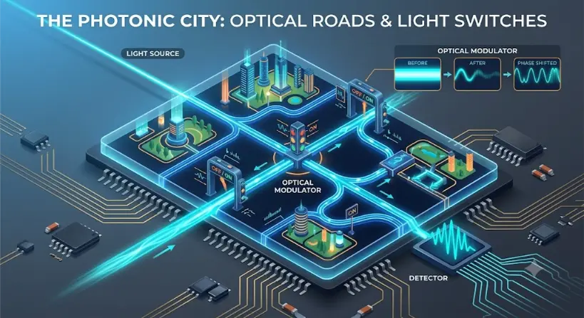 A 3D isometric infographic titled "THE PHOTONIC CITY: OPTICAL ROADS & LIGHT SWITCHES". It shows an integrated photonic chip conceptualized as a futuristic miniature city. A bright blue laser beam acts as the "Light Source," entering the chip and dividing into a grid of glowing optical waveguides that resemble city streets. A central traffic-light structure and archways act as "Optical Modulators," controlling the signals. An inset box shows the waveform changing from a steady state to an amplitude and phase-shifted signal. The modulated light path eventually exits into a "Detector" chip, which converts it into high-frequency electrical signals.