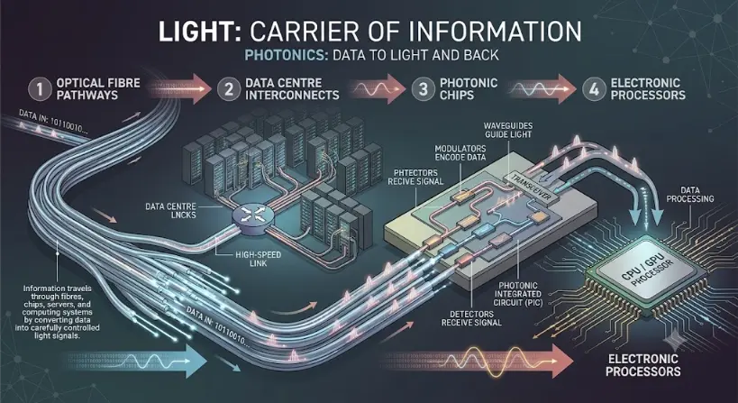A detailed conceptual infographic illustration titled "LIGHT: CARRIER OF INFORMATION" and "PHOTONICS: DATA TO LIGHT AND BACK" on a modern dark gradient background, mapping the conversion of data into light for transport. A dense bundle of multiple translucent optical fibres on the left is labelled 'DATA IN: 10110010...' with small binary digits embedded in glowing light pulses. Directional arrows trace the paths: Stage 1 shows 'OPTICAL FIBRE PATHWAYS' glowingly guiding data-embedded light pulses. A side callout notes, "Information travels through fibres, chips, servers, and computing systems by converting data into carefully controlled light signals." The path leads to Stage 2, a large 'DATA CENTRE INTERCONNECTS', where glowing light paths integrate into rows of server racks via a high-speed link. The path continues to Stage 3, 'PHOTONIC CHIPS', showing a magnified Photonic Integrated Circuit (PIC) on a substrate guiding pulses with clear callouts like 'WAVEGUIDES GUIDE LIGHT', 'MODULATORS ENCODE DATA', and 'DETECTORS RECEIVE SIGNAL'. Light is shown converting near a transceiver section before moving to Stage 4, 'ELECTRONIC PROCESSORS', connecting to conventional CPU pins for 'DATA PROCESSING' and 'ELECTRONIC INTERFACES', with a callout on the right. A side panel shows 'TRANSCEIVER' conversion and 'CPU / GPU PROCESSOR' with conventional data streams. Binary code streams and waves reinforce the concept. Clear, sans-serif labels are integrated throughout the design, with a subtle network node pattern background.