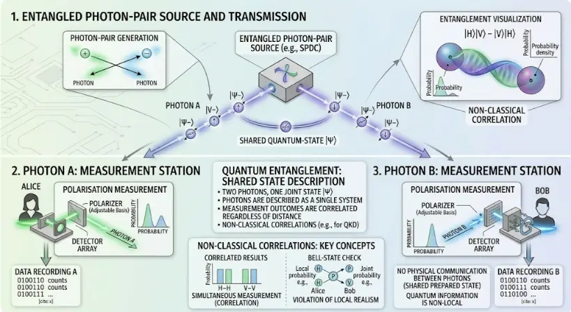 A three-panel scientific infographic titled "1. ENTANGLED PHOTON-PAIR SOURCE AND TRANSMISSION", "2. PHOTON A: MEASUREMENT STATION", and "3. PHOTON B: MEASUREMENT STATION". The top panel features a central "ENTANGLED PHOTON-PAIR SOURCE" emitting two photons traveling in opposite directions along diverging blue light paths, marked by a linking arc labeled "SHARED QUANTUM-STATE |Ψ". Inset boxes visualize photon-pair generation and non-classical correlations using a double-helix wave state. The two bottom panels depict Alice's and Bob's individual measurement stations, each equipped with an adjustable polarizer, a detector array, and data logs. Central boxes clarify key concepts regarding Bell-state checks and the violation of local realism without any physical communication between the separated photons.