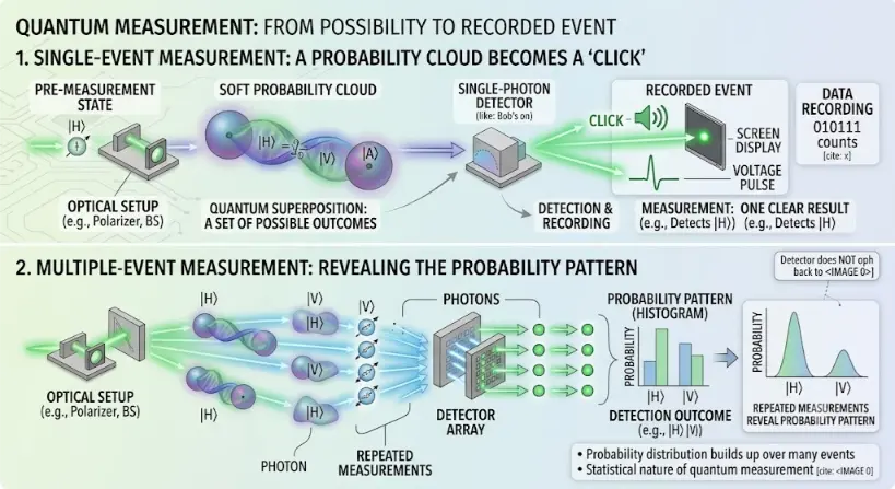 A two-part scientific infographic titled 'QUANTUM MEASUREMENT: FROM POSSIBILITY TO RECORDED EVENT'. Part 1, 'SINGLE-EVENT MEASUREMENT: A PROBABILITY CLOUD BECOMES A 'CLICK'', shows a 'Pre-Measurement State' where a photon, described as a soft probability cloud, travels through an optical setup to a single-photon detector. Upon detection, it turns into a single recorded event: a sound wave labeled 'CLICK', a green dot on a 'SCREEN DISPLAY', and a 'VOLTAGE PULSE' waveform, with text callouts clarifying this is one clear result (e.g., detecting state H). Data logs show binary counts. Part 2, 'MULTIPLE-EVENT MEASUREMENT: REVEALING THE PROBABILITY PATTERN', illustrates repeated measurements where many photons, each a probability cloud before, are sent through an identical optical setup to a detector array. Over time, these repeated measurements build up a statistical probability pattern, visualized as a histogram and a smooth probability curve plot showing the probability of detecting outcomes like H versus V. Bullet points reinforce that probability distribution builds up over many events and highlight the statistical nature of quantum measurement.