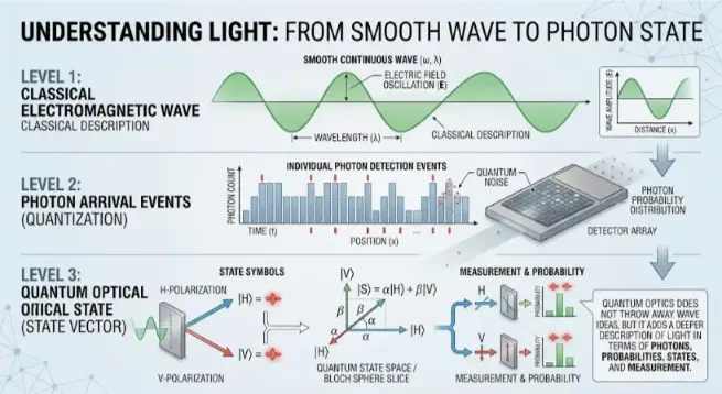 A two-part scientific illustration titled "1. QUANTUM STATE TRANSMISSION: PHOTONS AS CARRIERS." and "2. THE COMPLETE COMMUNICATION PROTOCOL: ADDING THE CLASSICAL CHANNEL."