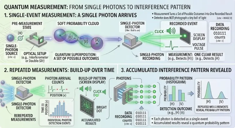 A three-panel scientific infographic titled "QUANTUM MEASUREMENT: FROM SINGLE PHOTONS TO INTERFERENCE PATTERN". Panel 1, "SINGLE-EVENT MEASUREMENT: A SINGLE PHOTON ARRIVES", shows a single photon emerging as a soft probability cloud from a source, passing through an interferometer or double-slit setup, and producing a single green click, dot, or voltage pulse at a detector. Panel 2, "REPEATED MEASUREMENTS: BUILD-UP OVER TIME", tracks repeated photon emissions, plotting individual arrival counts on a bar graph and showing green dots randomly accumulating on a sensor array screen. Panel 3, "ACCUMULATED INTERFERENCE PATTERN REVEALED", demonstrates how these countless individual events eventually build up a clear probability pattern histogram and a smooth interference curve plot. Bullet points state that each photon is detected as a single event, but the accumulated results reveal a quantum probability pattern.