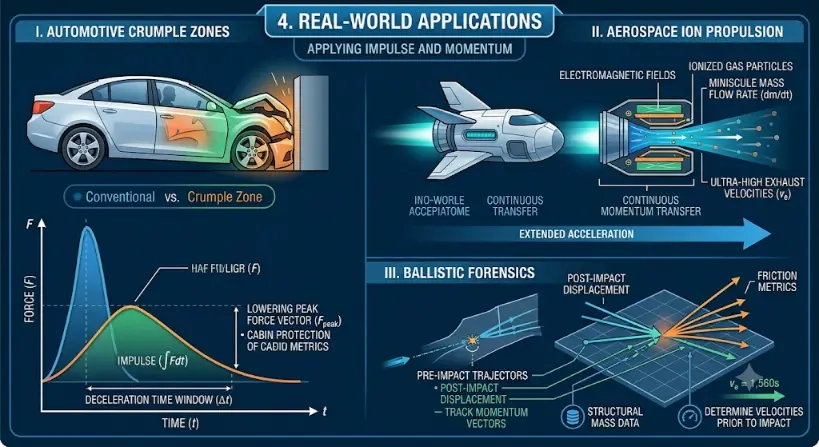 Infographic titled Real-World Applications of Impulse and Momentum divided into three panels: automotive crumple zones with a force-time graph showing lower peak force over a longer time window; aerospace ion propulsion illustrating ionized gas particles ejected via electromagnetic fields; and ballistic forensics showing pre and post-impact trajectory vectors on an isometric grid.