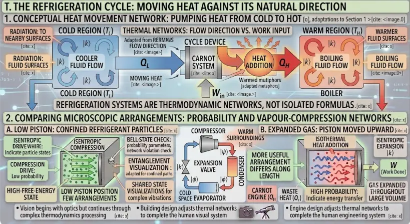 Concept map and comparative microscopic diagrams visualizing the refrigeration cycle and entropy.