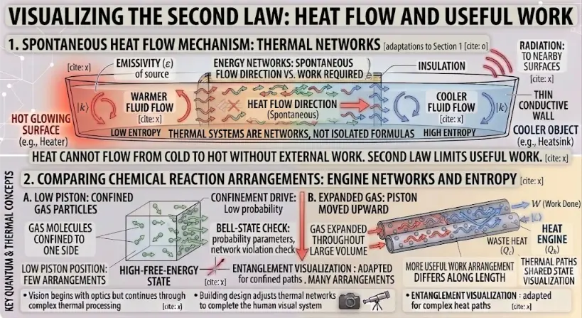 A technical infographic titled 'VISUALIZING THE SECOND LAW: HEAT FLOW AND USEFUL WORK'