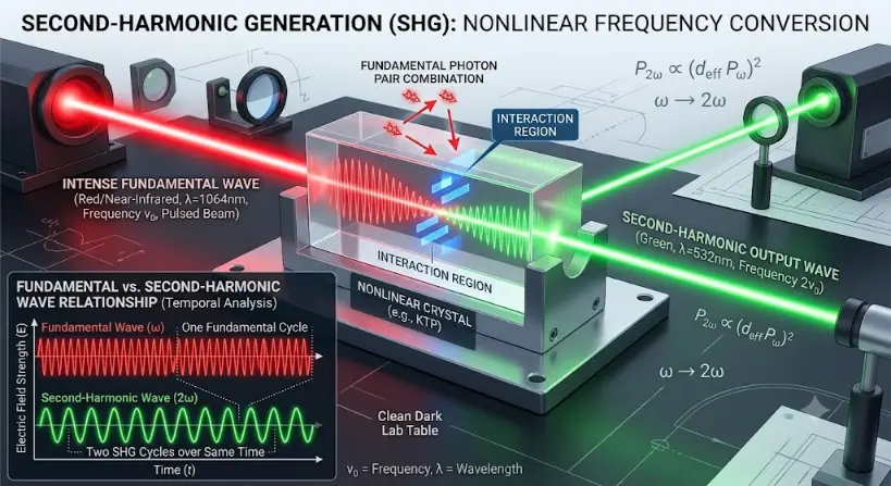 A technical scientific illustration titled "SECOND-HARMONIC GENERATION (SHG): NONLINEAR FREQUENCY CONVERSION". It shows a detailed diagram of an intense red/near-infrared laser beam at 1064nm entering a nonlinear crystal (KTP). An inset diagram titled "FUNDAMENTAL PHOTON PAIR COMBINATION" shows pairs of incoming red photons merging. Emerging from the crystal is a new, sharp green laser beam at 532nm. On the lower left, a comparative graph with time on the X-axis and electric field strength on the Y-axis shows the fundamental wave completes one cycle while the second-harmonic wave completes two cycles over the exact same time. The visual clearly distinguishes that the green light is generated from pairs of red photons rather than ordinary color filtering, emphasizing genuine frequency conversion. The setting is a clean dark lab table.