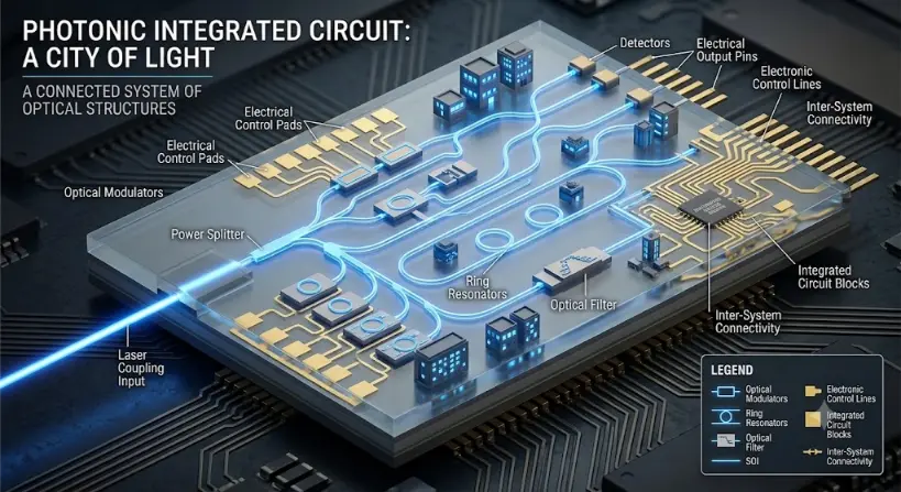An isometric 3D infographic illustrating a silicon photonics integrated circuit as a "City of Light." Thin glowing blue optical waveguides function as roads and pathways, guiding light (from a laser input) through functional components labeled 'Optical Modulators', 'Power Splitter', 'Ring Resonators', 'Optical Filter', and 'Detectors'. These components are stylized as microscopic city structures on a multi-layered silicon platform. Complex gold electronic control lines and integrated circuit blocks are seamlessly integrated alongside the optical paths, demonstrating inter-system connectivity. The overall chip sits on a textured dark circuit board.