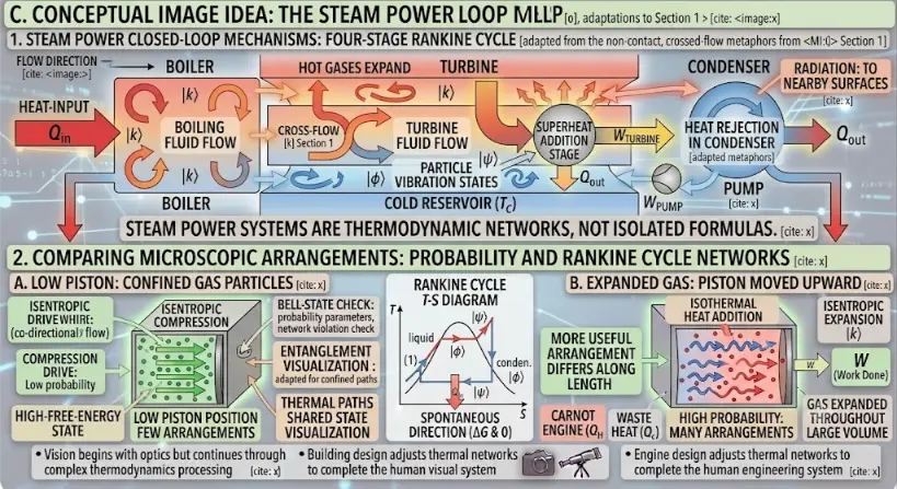 Conceptual visual map of a closed-loop steam power plant and its corresponding ideal Rankine cycle.
