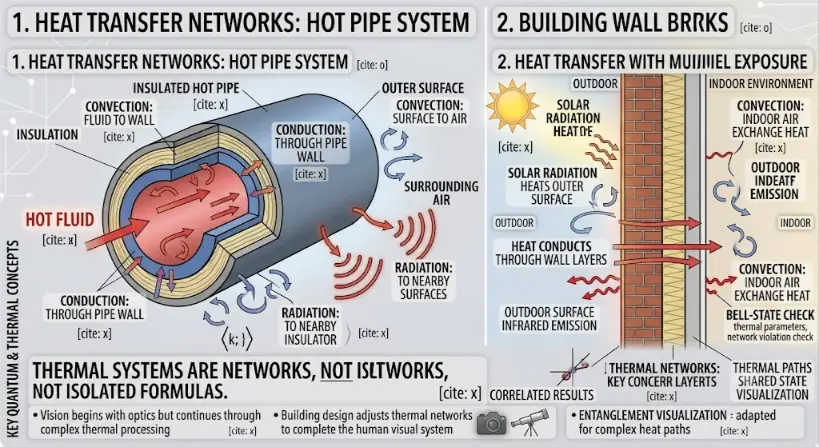 A two-panel scientific infographic titled KEY QUANTUM & THERMAL CONCEPTS. The left panel shows a hot pipe system with heat flow paths (convection, conduction, radiation). The right panel features a multi-layer brick wall with solar radiation, conduction, and convection.