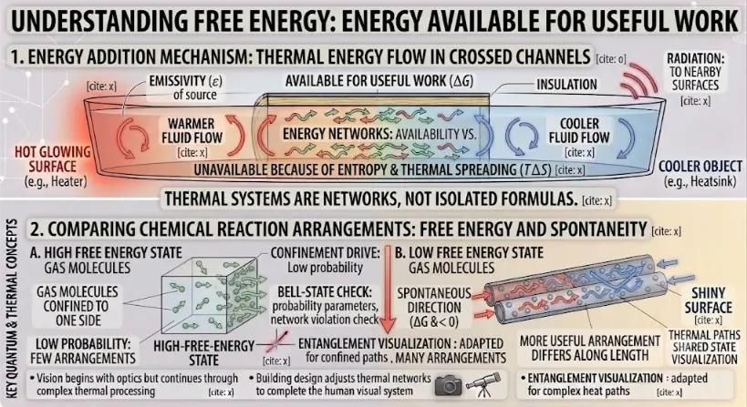 A comprehensive conceptual infographic titled 'UNDERSTANDING FREE ENERGY: ENERGY AVAILABLE FOR USEFUL WORK'