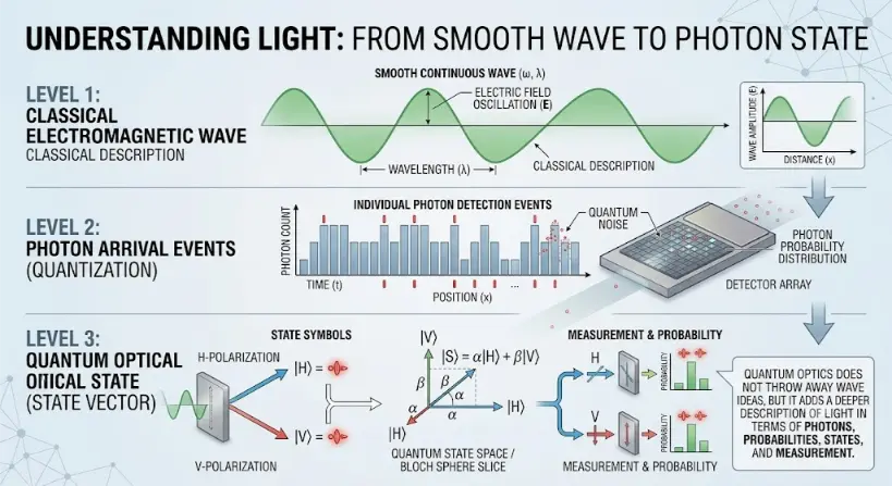 A three-level horizontal scientific infographic titled "UNDERSTANDING LIGHT: FROM SMOOTH WAVE TO PHOTON STATE". The top level depicts a continuous green sine wave representing a classical electromagnetic wave with labeled field oscillations and wavelength. The middle level illustrates quantization through a bar graph of discrete photon arrival counts over time and position alongside a detector array. The bottom level details the quantum optical state vector, showing a mathematical superposition formula, state symbols for horizontal and vertical polarization, and measurement probability diagrams.