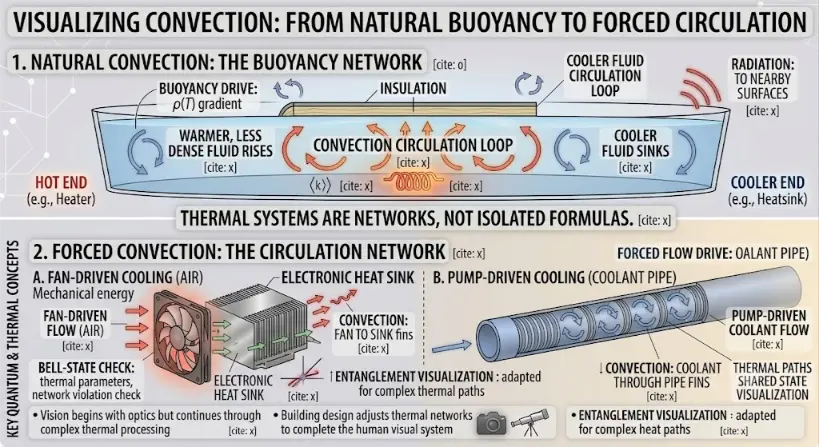 A multi-panel scientific educational infographic illustration titled 'VISUALIZING CONVECTION: FROM NATURAL BUOYANCY TO FORCED CIRCULATION'. The layout is against a clean white background with subtle diagrammatic elements. The infographic is divided into two main panels: '1. NATURAL CONVECTION: THE BUOYANCY NETWORK' and '2. FORCED CONVECTION: THE CIRCULATION NETWORK'.