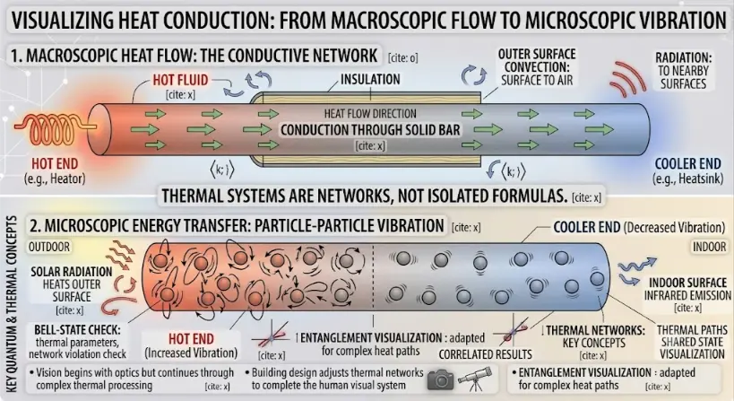 A scientific educational infographic illustration titled VISUALIZING HEAT CONDUCTION: FROM MACROSCOPIC FLOW TO MICROSCOPIC VIBRATION. It is divided into two main panels against a clean white background.