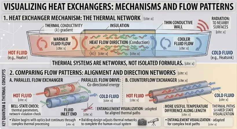 A multi-panel scientific educational infographic illustration titled 'VISUALIZING HEAT EXCHANGERS: MECHANISMS AND FLOW PATTERNS'. The layout is against a clean white background with subtle diagrammatic elements. The infographic is divided into two main panels: '1. HEAT EXCHANGER MECHANISM: THE THERMAL NETWORK' and '2. COMPARING FLOW PATTERNS: ALIGNMENT AND DIRECTION NETWORKS'.
