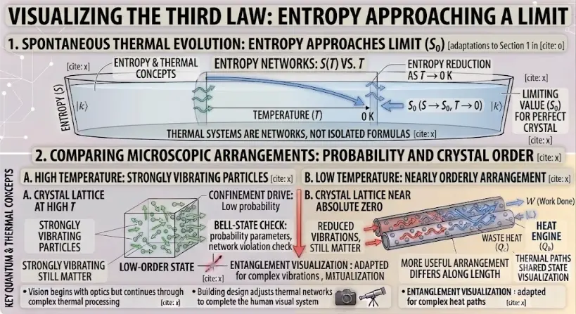 A two-panel scientific educational infographic titled 'VISUALIZING THE THIRD LAW: ENTROPY APPROACHING A LIMIT'