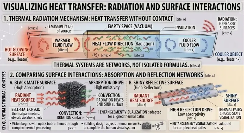 A two-panel scientific educational infographic illustration titled 'VISUALIZING HEAT TRANSFER: RADIATION AND SURFACE INTERACTIONS'. The clean white background has subtle network traces. The infographic is split into two main panels: '1. THERMAL RADIATION MECHANISM: HEAT TRANSFER WITHOUT CONTACT' and '2. COMPARING SURFACE INTERACTIONS: ABSORPTION AND REFLECTION NETWORKS'.