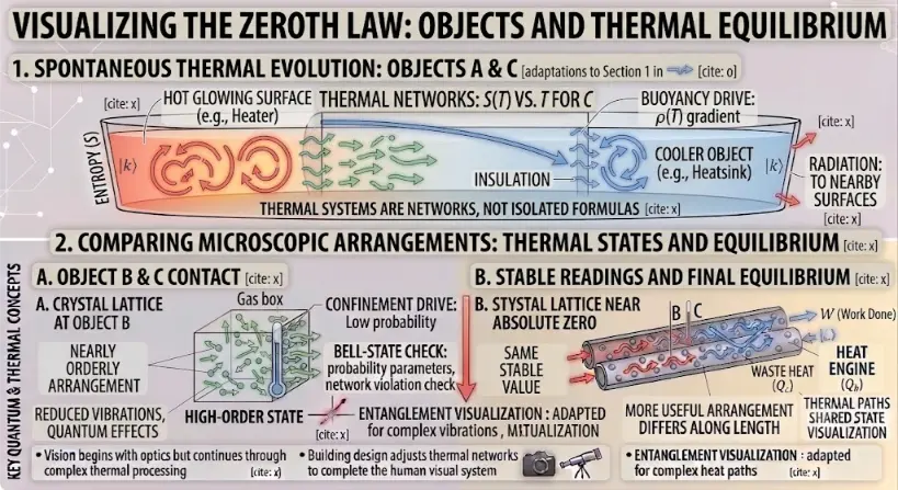 A two-panel educational infographic titled 'VISUALIZING THE ZEROTH LAW: OBJECTS AND THERMAL EQUILIBRIUM'