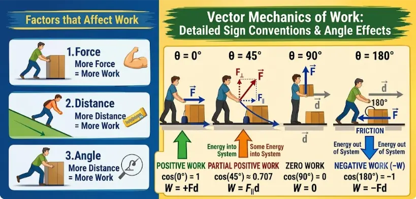 A multi-panel physics infographic detailing how force vectors and displacement determine mechanical work. It features positive, zero, and negative work scenarios with equations and energy transfer vectors explicitly labeled.
