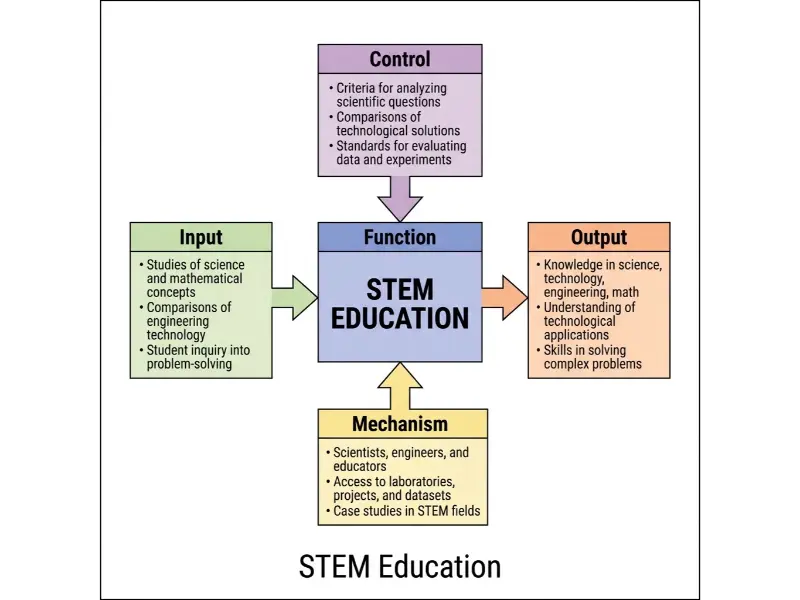 IDEF0 diagram of STEM Education showing Inputs, Controls, Outputs, and Mechanisms linked by arrows to a central Function box labeled STEM Education.