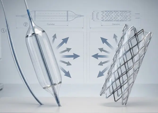 Biomedical comparative illustration of an inflated semi-compliant angioplasty balloon catheter alongside an expanded metallic vascular stent, showing outward radial dilation mechanics.