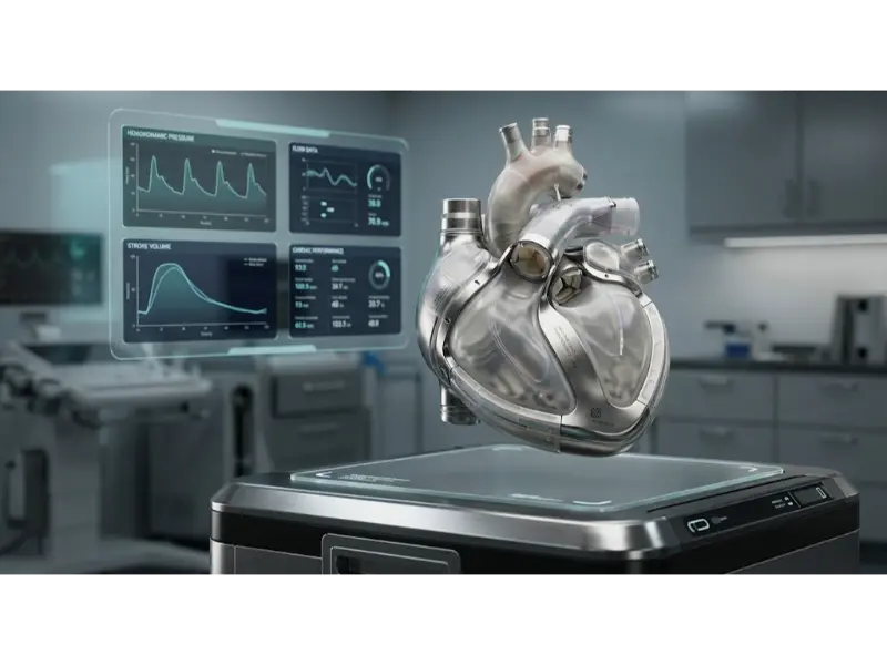 Biomedical engineering illustration of an advanced total artificial heart (TAH) featuring polished titanium housings, bioprosthetic valves, and embedded physiological telemetry sensors.