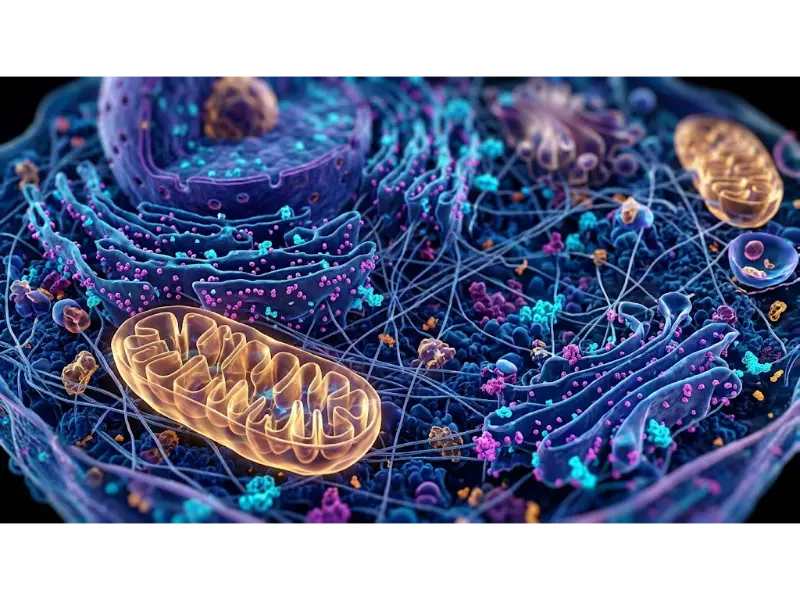 Vivid 3D cross-section inside a eukaryotic cell featuring a glowing amber mitochondrion with visible cristae, layered endoplasmic reticulum studded with magenta ribosomes, the Golgi apparatus, dense cytoskeletal filaments, and the nucleus.