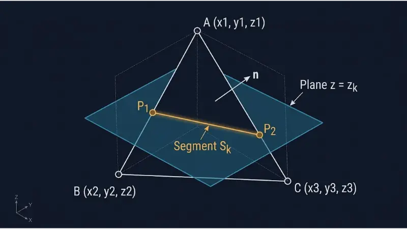 Individual triangular facet intersected by horizontal cutting plane z_k, showing vertices V1, V2, V3 and intersection points P1 and P2