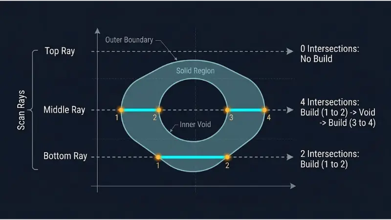 Ray-casting 2D horizontal test lines intersecting outer and inner boundaries of a slice