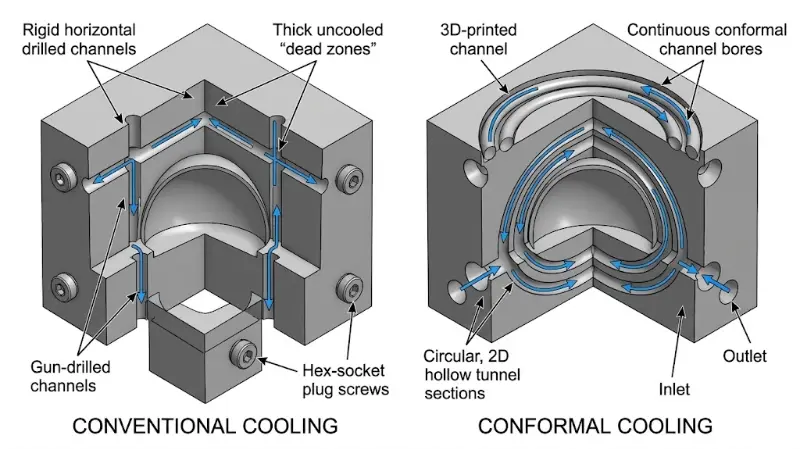 Conventional gun-drilled cooling vs 3D printed conformal cooling tooling block comparison