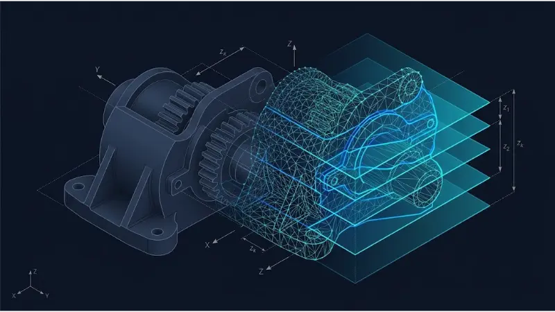 3D CAD mechanical model transitioning to a triangular STL wireframe mesh intersected by horizontal slicing planes