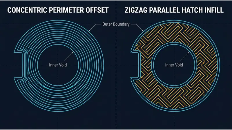 Side-by-side comparison of concentric perimeter offset vs zigzag parallel hatch infill on the same slice