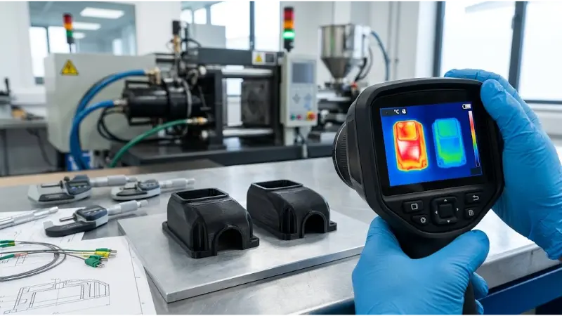 Thermal imaging inspection of moulded inserts comparing conventional and conformal cooling