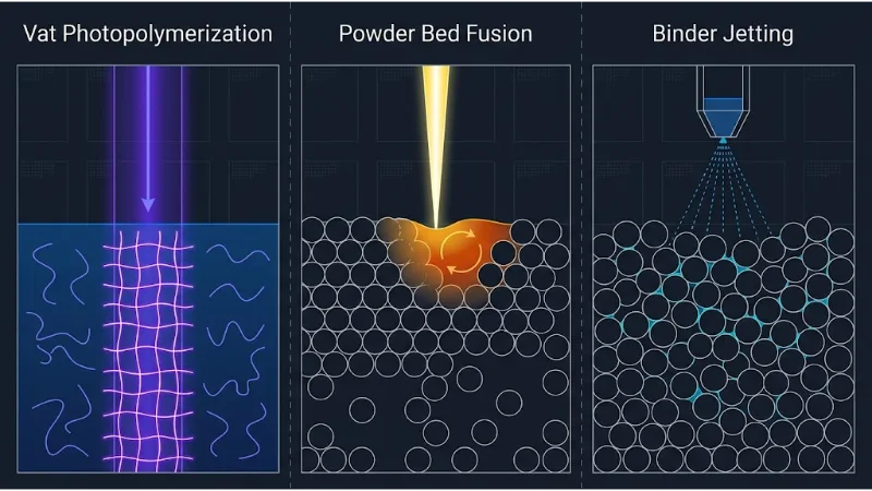Comparative engineering diagrams of bonding mechanisms: photopolymer free radical cross-linking, thermal powder bed laser melt pool fusion, and binder jetting capillary necking